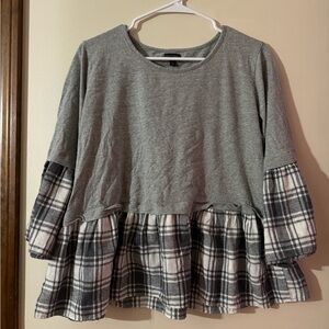Plaid Shirt with 3/4 Bell Sleeves - Size L/XL